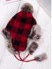 Red and black plaid pattern Fur Hat W/ Pompoms (Plush inside)